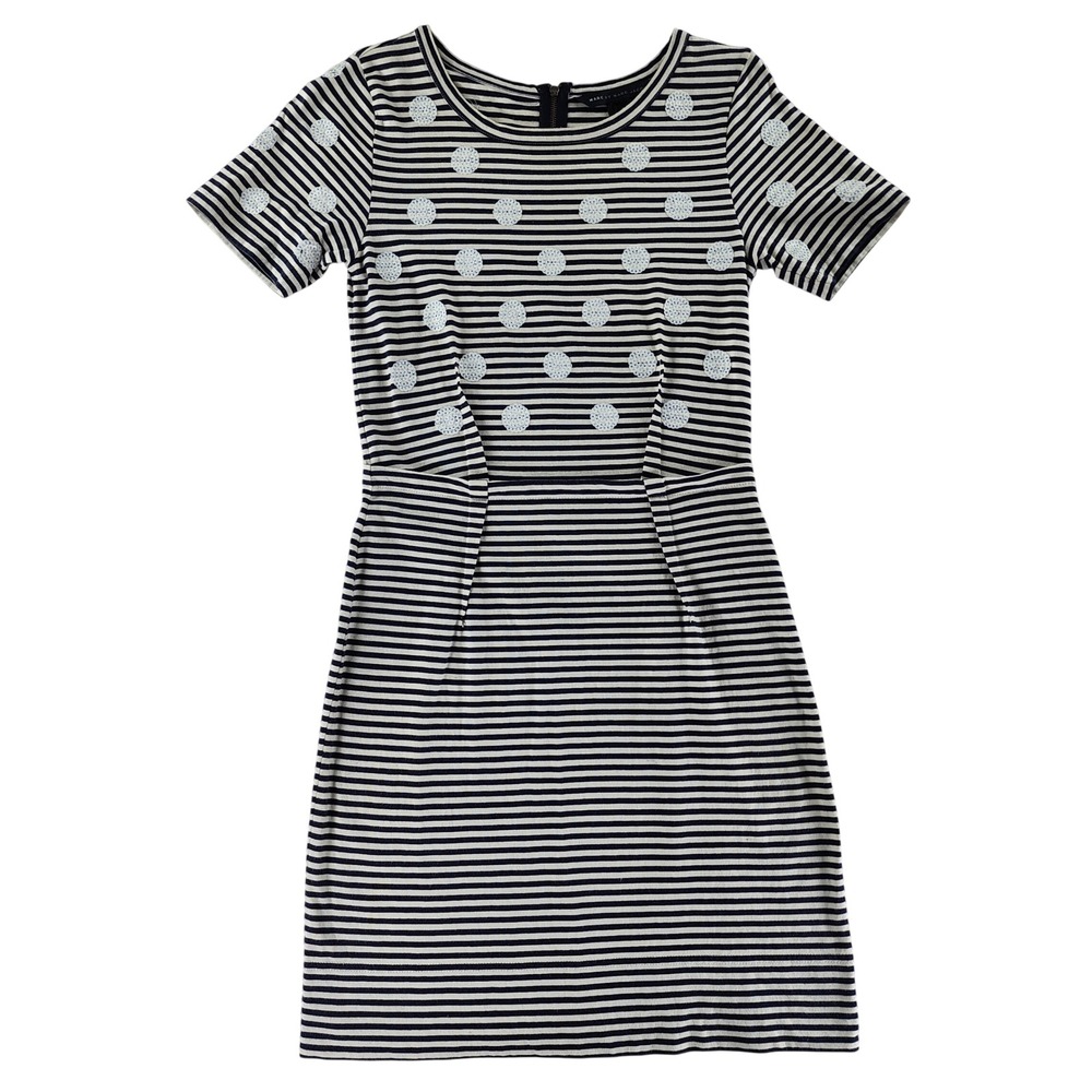 Marc by Marc Jacobs Dress Womens S Navy White Striped Sequin Polka Dot Jersey